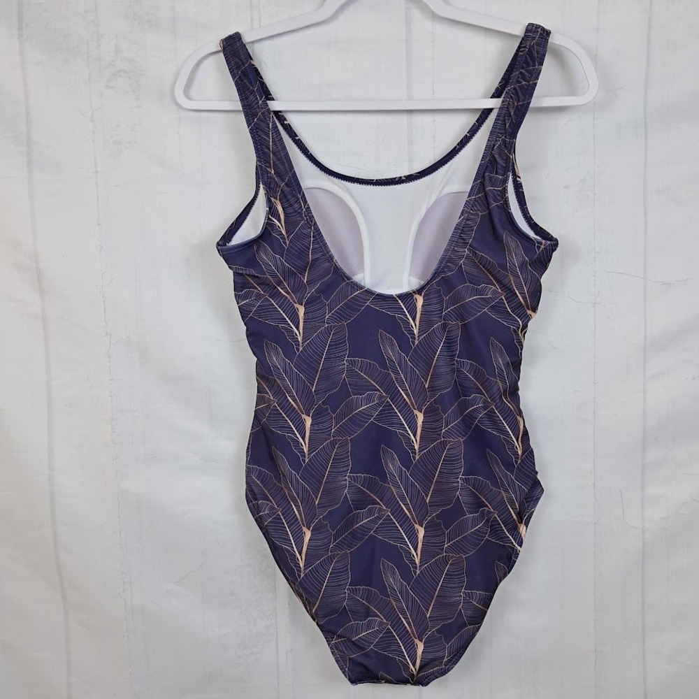 Nicole Miller M One Piece Swimsuit Scoop Back Blue & Leaf Print Botanical - Picture 3 of 5